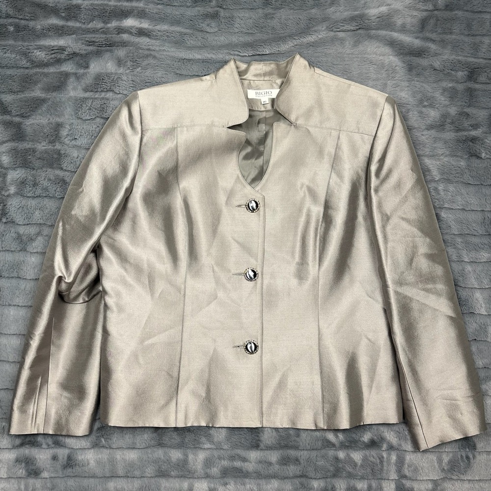 Bigio Collection Womens Wool Silk Blazer Jacket Silver Gray Size 16 601259 USA